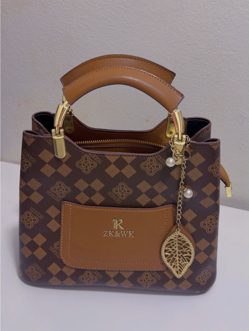 Z&K W K Brown Patterned Satchel with Gold Leaf Charm
